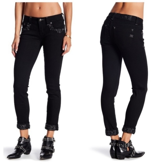 Miss Me Modern Mixed Embellished Cuffed Jeans Black Size 32 Signature Curvy Y2K - Picture 1 of 12